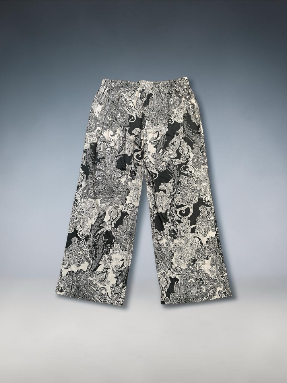 IMAN Global Chic Palazzo Wide Leg Pants XL Black White Paisley Print Pull On